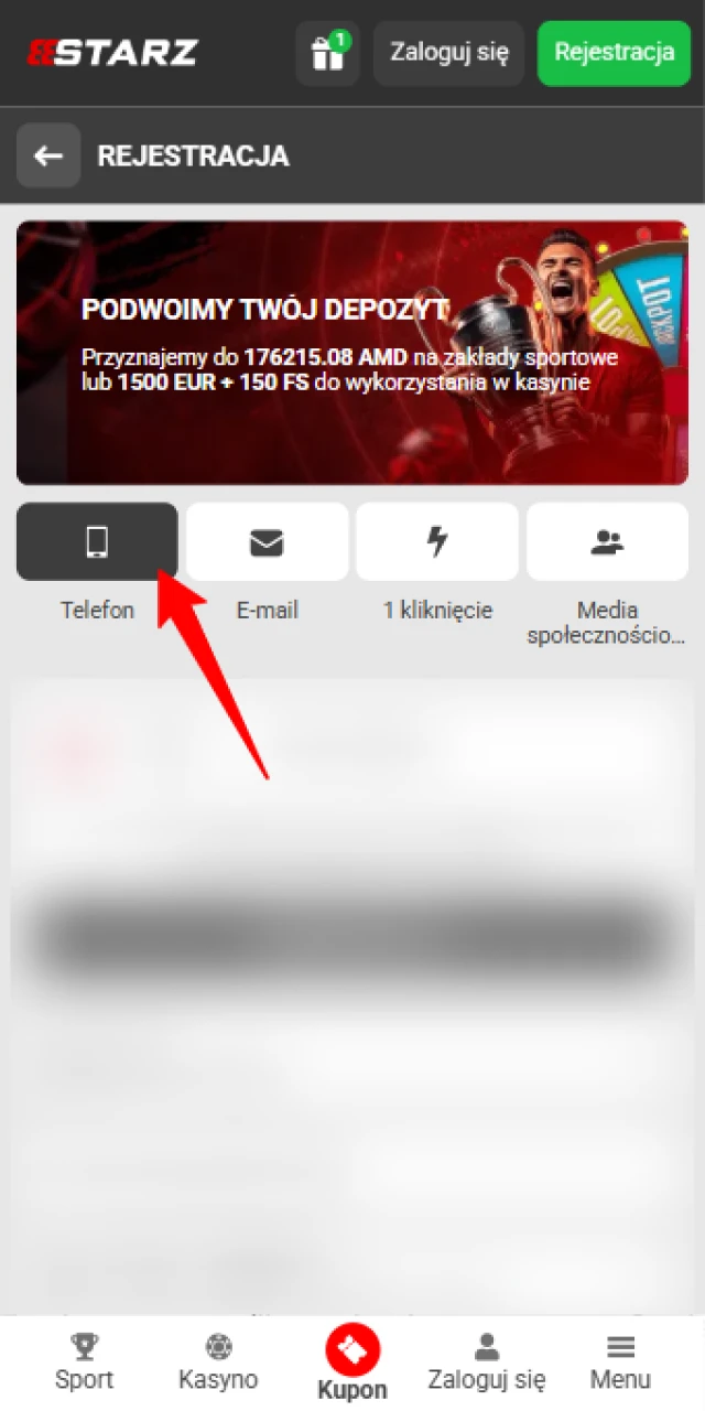 Wybierz preferowaną metodę utworzenia profilu w 888starz, aby przejść do kolejnego etapu.