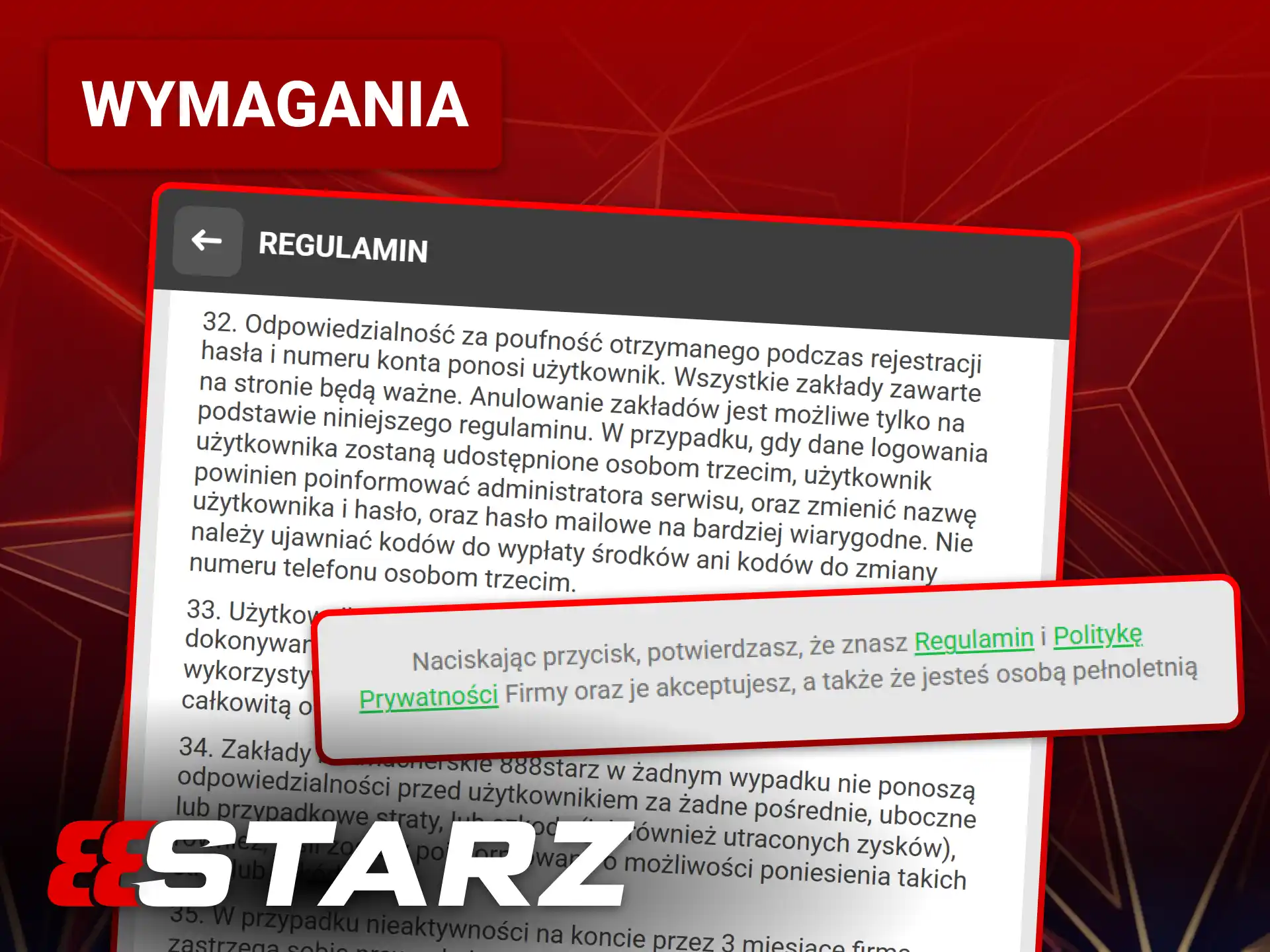 Zapoznaj się z wymaganiami wiekowymi i regulaminem rejestracji w 888starz.
